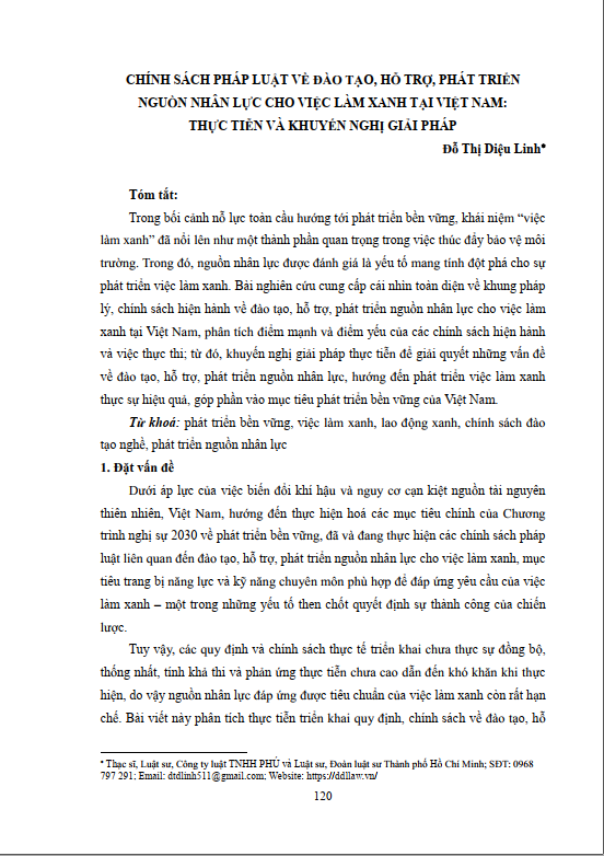 Đỗ Thị Diệu Linh (2024), Chính sách pháp luật về đào tạo và phát triển nguồn nhân lực cho việc làm xanh tại Việt Nam: Thực tiễn và Khuyến nghị